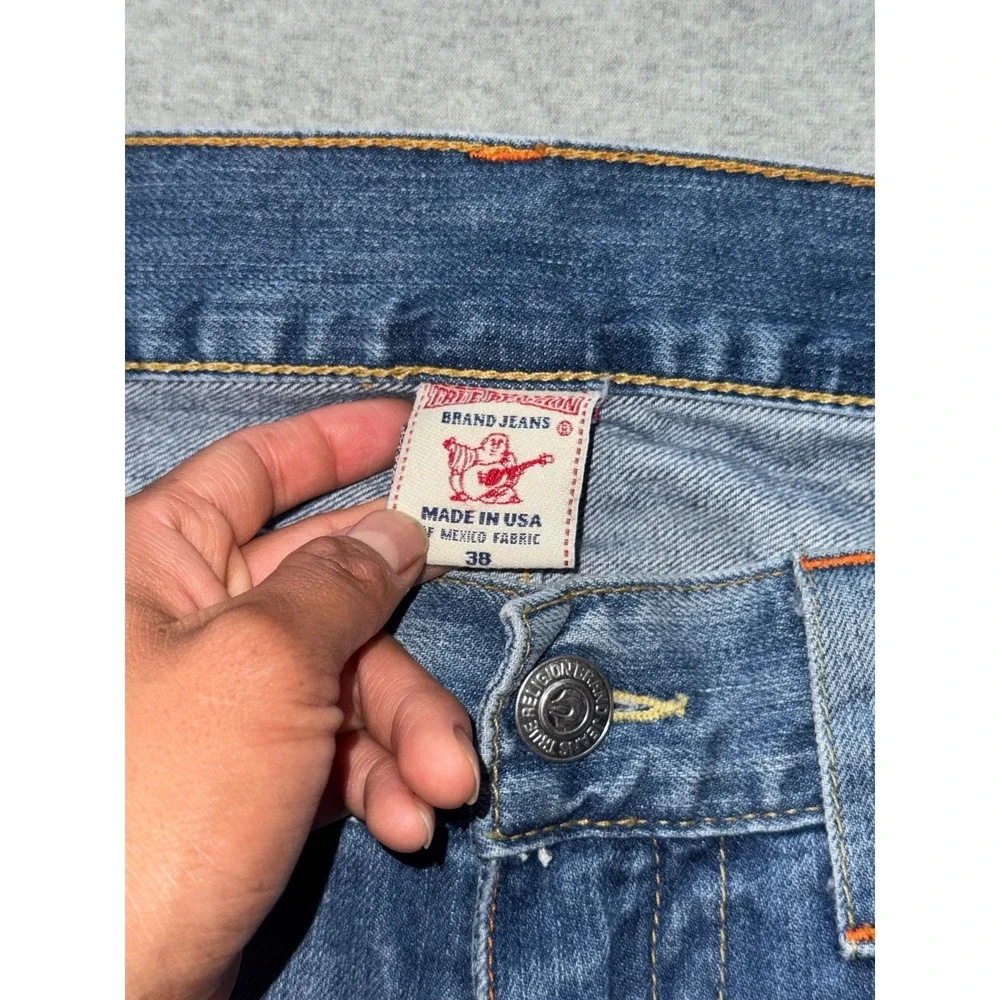True Religion Jeans Men's Ricky Blue Denim Straight Leg Distressed Size 38